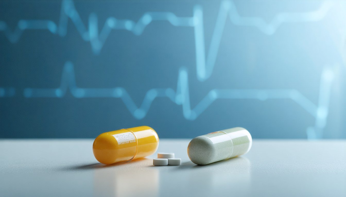 Blister pack of sildenafil tablets next to a glass of water on a light background